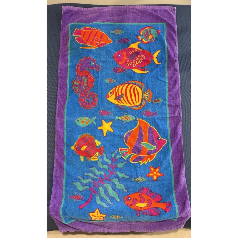 Vintage Seaside Beach Towel Rainbow Fish Tropical 90s 29x58 Seahorse Ocean